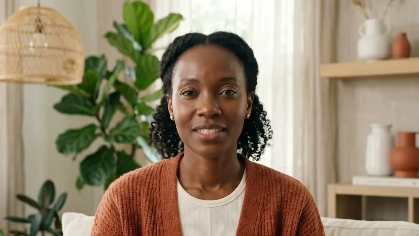 A smiling woman in a rust cardigan, facing the camera in a bright living room