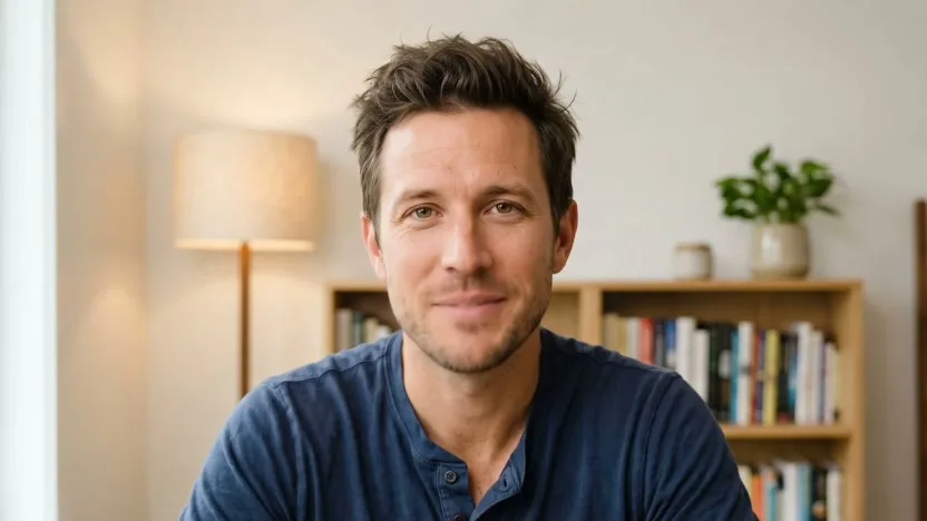 A smiling man in a navy shirt, facing the camera in front of a bookshelf