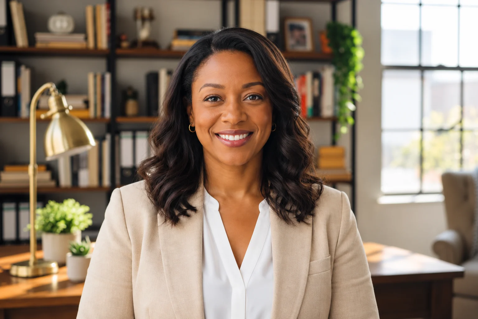 A welcoming recruiter seated upright, facing the camera in a sunlit office