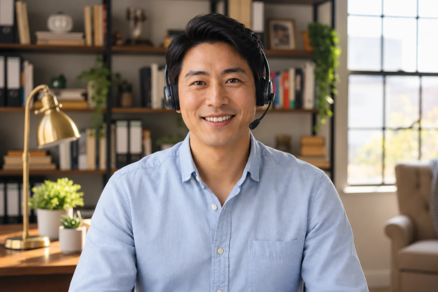 A customer support professional seated upright, facing the camera in a warm office