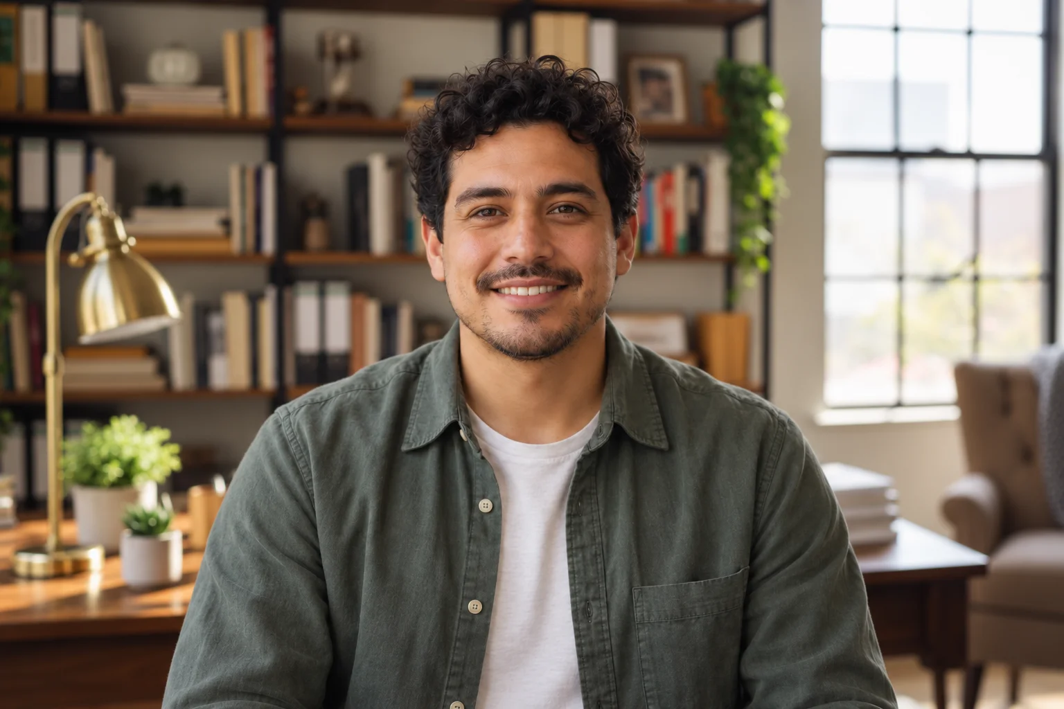 A friendly man seated upright, facing the camera in a cozy studio